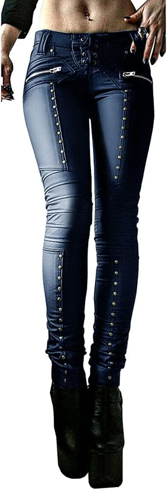 Women'S Faux Leather Leggings Gothic Punk Skinny PU Leather Pants Mid Rise Novelty Studded Tight Pants
