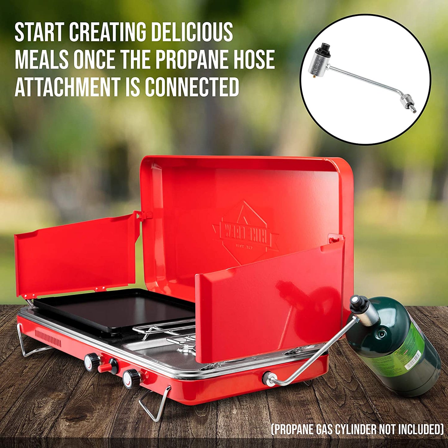 2-In-1 Gas Camping Stove | Portable Propane Grill/Stove Burner W/Integrated Igniter & Stainless Steel Drip Tray | Built-In Carrying Handle, Foldable Legs & Wind Panels | Includes Regulator