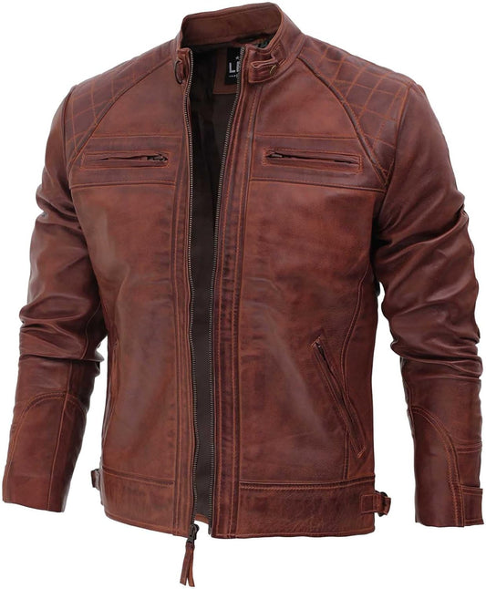Real Lambskin Leather Biker Jacket - Quilted Cafe Racer Zip up Moto Jackets Men
