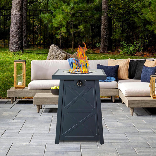19.5-Inch Propane Fire Pit, Porcelain Tile Top Gas Fire Pit Table, 40,000 BTU Propane Gas Firebowl Column Modern Pattern W/Glass Rocks, Cover, Lid, No Wind Guard