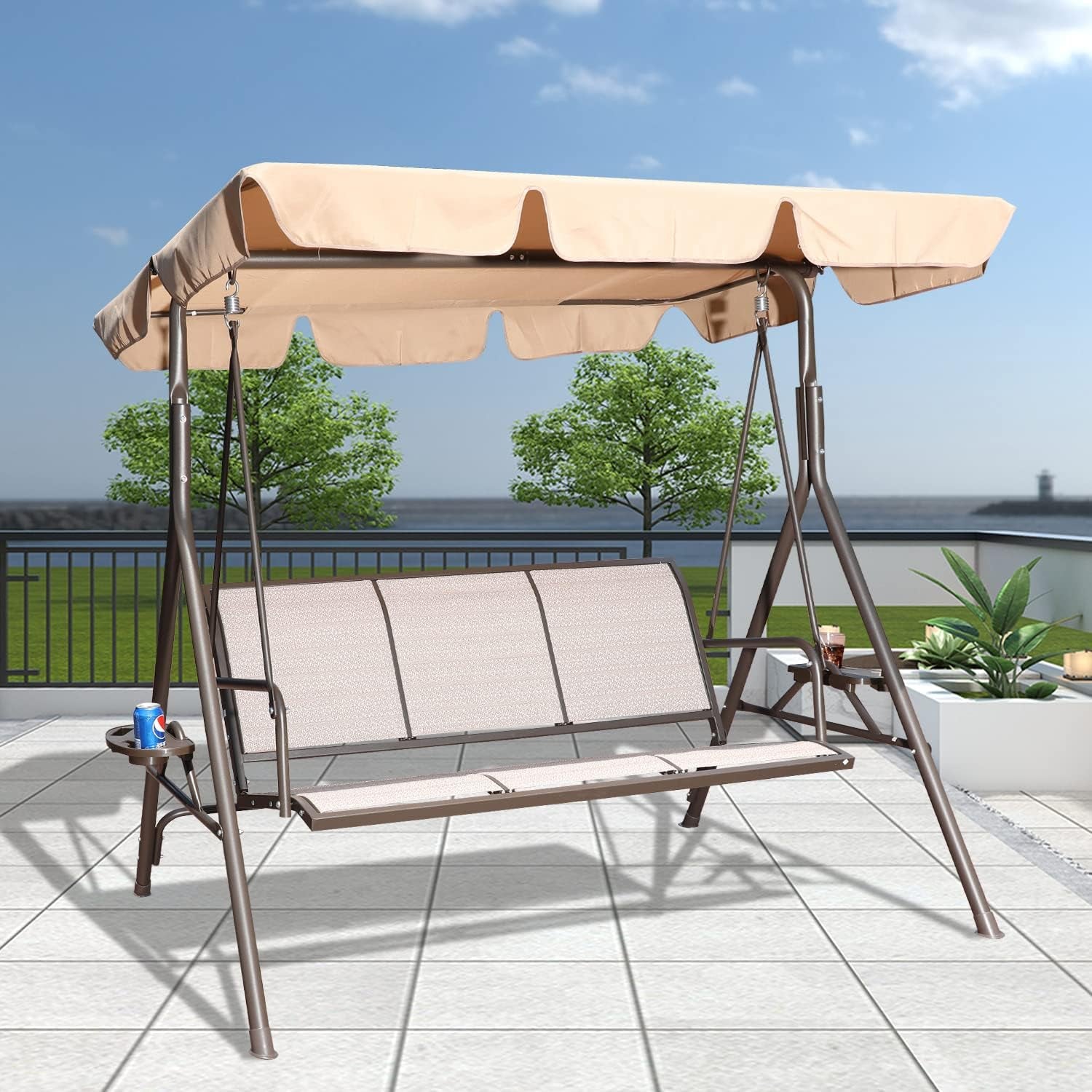 3 Person Outdoor Weather Resistant Patio Glider Swing Hammock Chair W/ Utility Tray & Sunshade Canopy for Patio, Garden, Deck, or Pool, Taupe