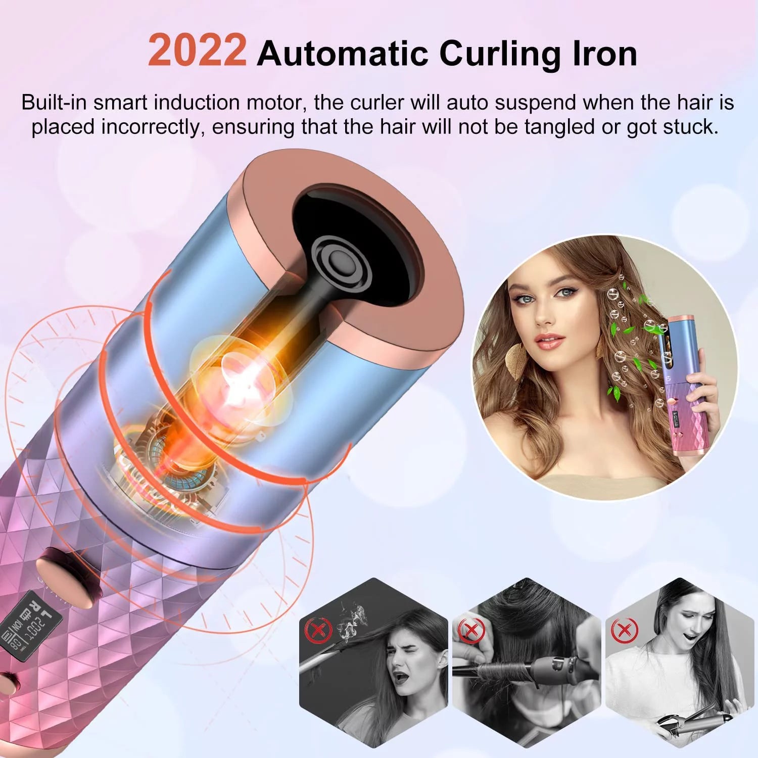 Revolutionary Cordless Automatic Curling Iron - Wireless Rotating Hair Curler with 6 Temperature Settings & Timer Display - Fast Heating & Auto Shutoff (Stylish Pink)
