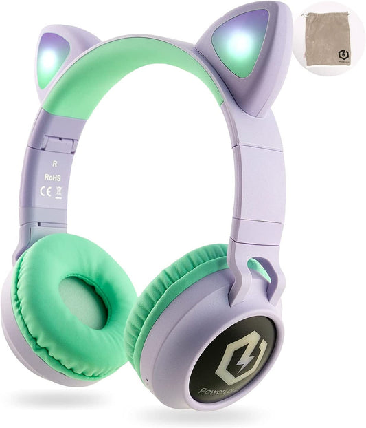 Purr-fectly Fun! 🎧✨ Kids Cat Ear Bluetooth Headphones with LED Lights, Safe Volume, and Micro SD - Ideal for Travel & Tablets! (Purple/Teal)