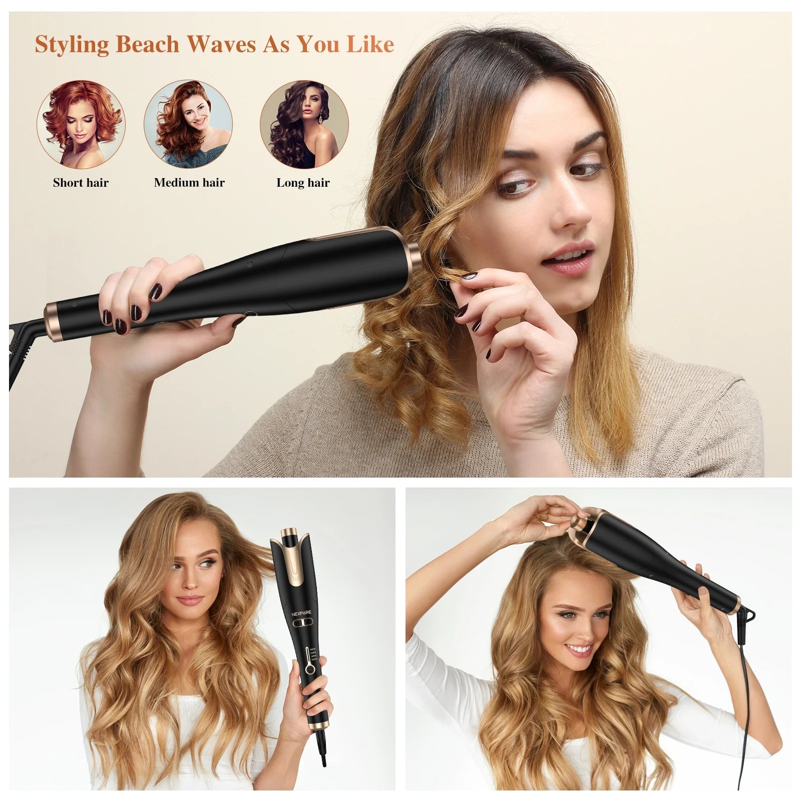 Curling Iron, Professional Automatic Hair Curler with 1" Large Rotating Barrel, Gold