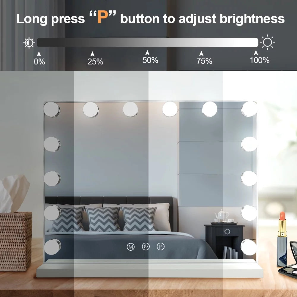 Hollywood Makeup Mirror Vanity Mirror with Lights, Large Bedroom Makeup Mirror with Lights LED Bulbs Dimmable 3 Color Lighting Mode with Removable Magnification
