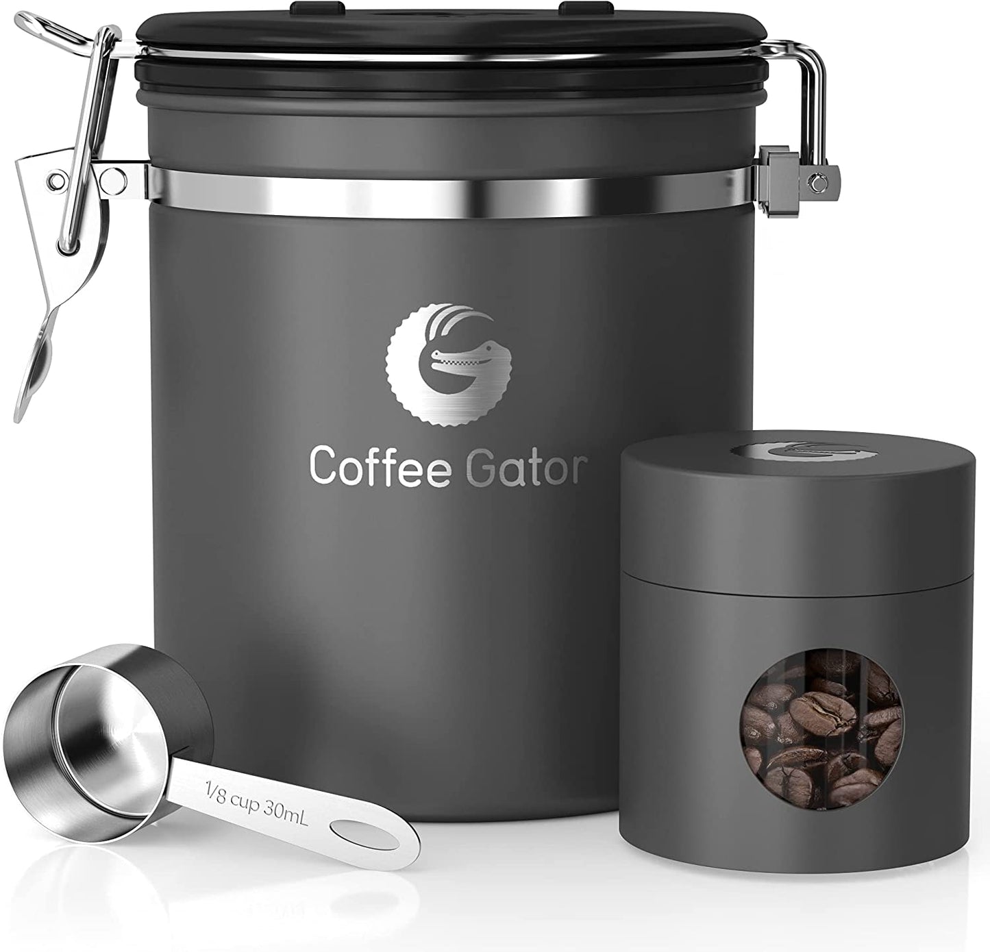 Premium Airtight Coffee Canister - 16oz Stainless Steel & 4oz Borosilicate Glass with Date Tracker & Scoop for Fresh Beans, Ground Coffee, Sugar, Tea, & Cookies