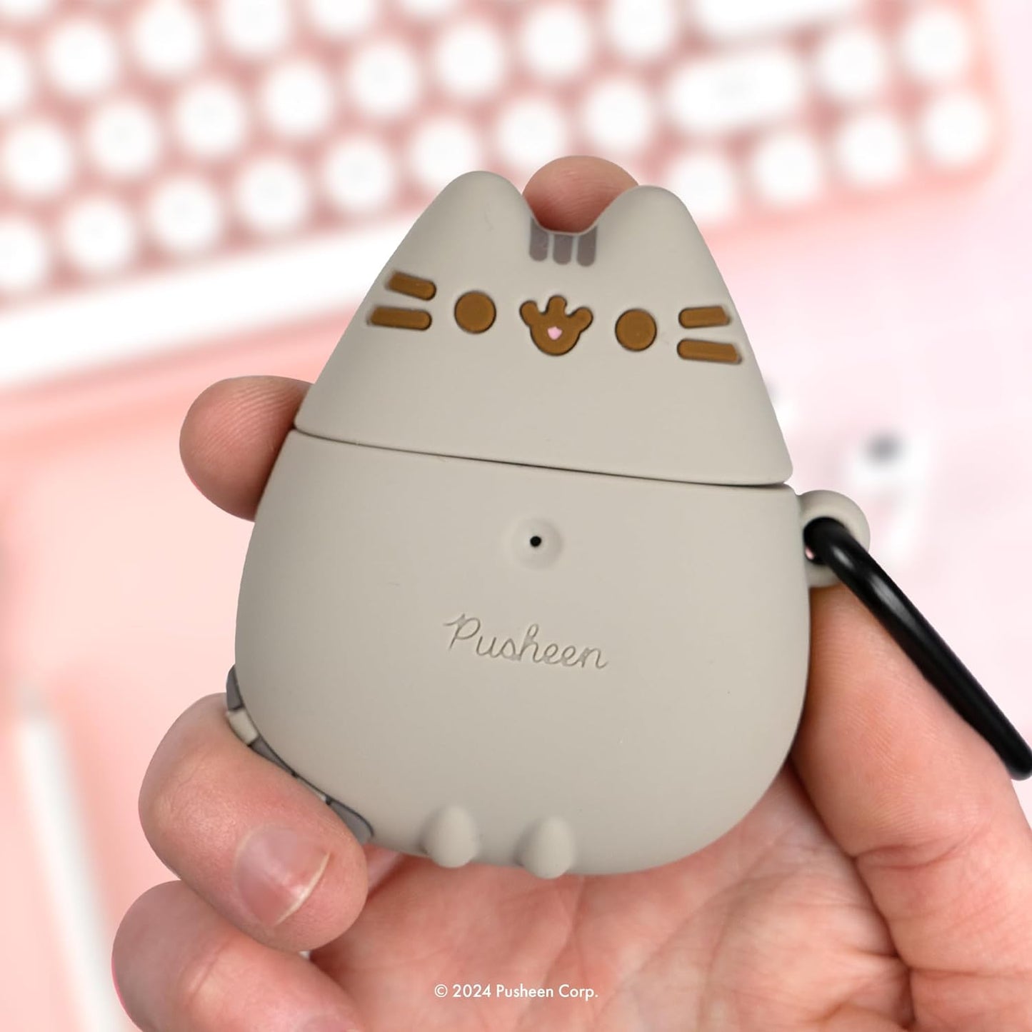 X Pusheen Cute Silicone Protective Cover Designed for Airpods 1/2 Case [Carabiner Clip Included] [Wireless Charging Compatible] - Standing