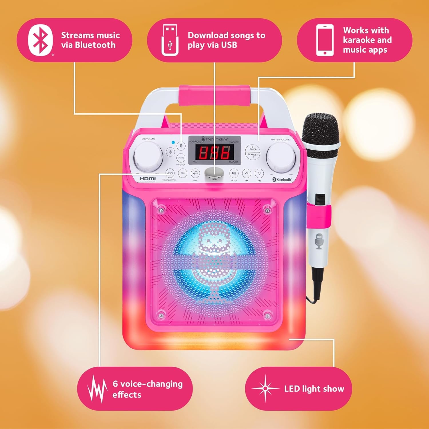 Portable Karaoke Machine for Adults & Kids - Built-In Speaker, Bluetooth, LED Lights, Wired Mic - with Voice Changing Effects