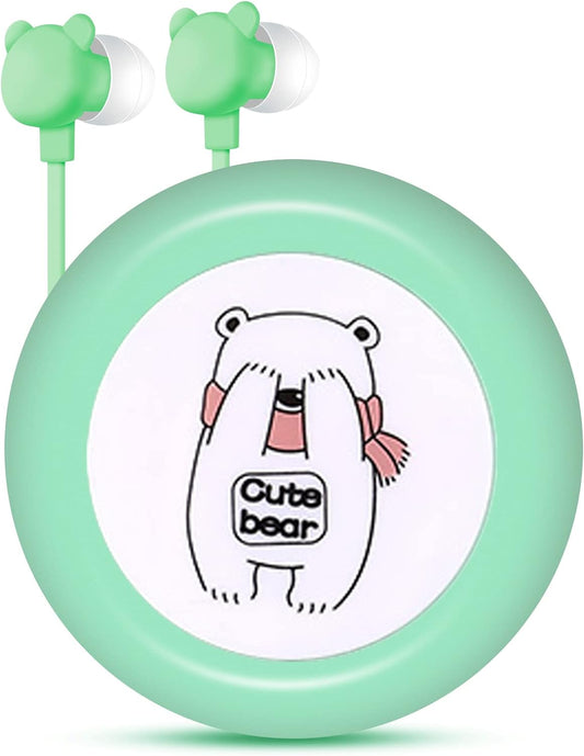 Bear Earbuds for Kids, Kawakii Wired Earbud & In-Ear Headphones Gift for School Girls and Boys with Microphone and Lovely Earphones Storage Case(Green MC)