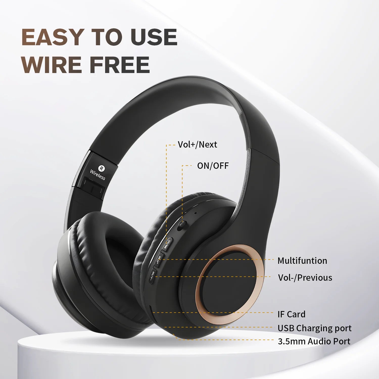 Bluetooth Headphones over Ear,Hybrid Active Noise Cancelling Headphones, Wireless Headphones with Microphone,Hifi Stereo Foldable Lightweight Wireless Headset Black Gold