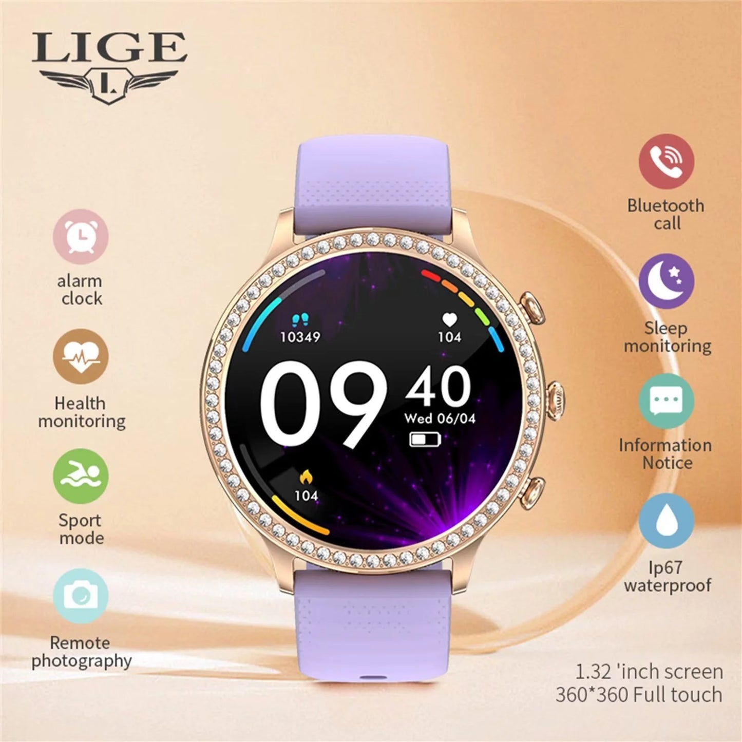 Women Purple Smart Watches for Android Iphone Bluetooth Call Custom Dials Stainless Strip