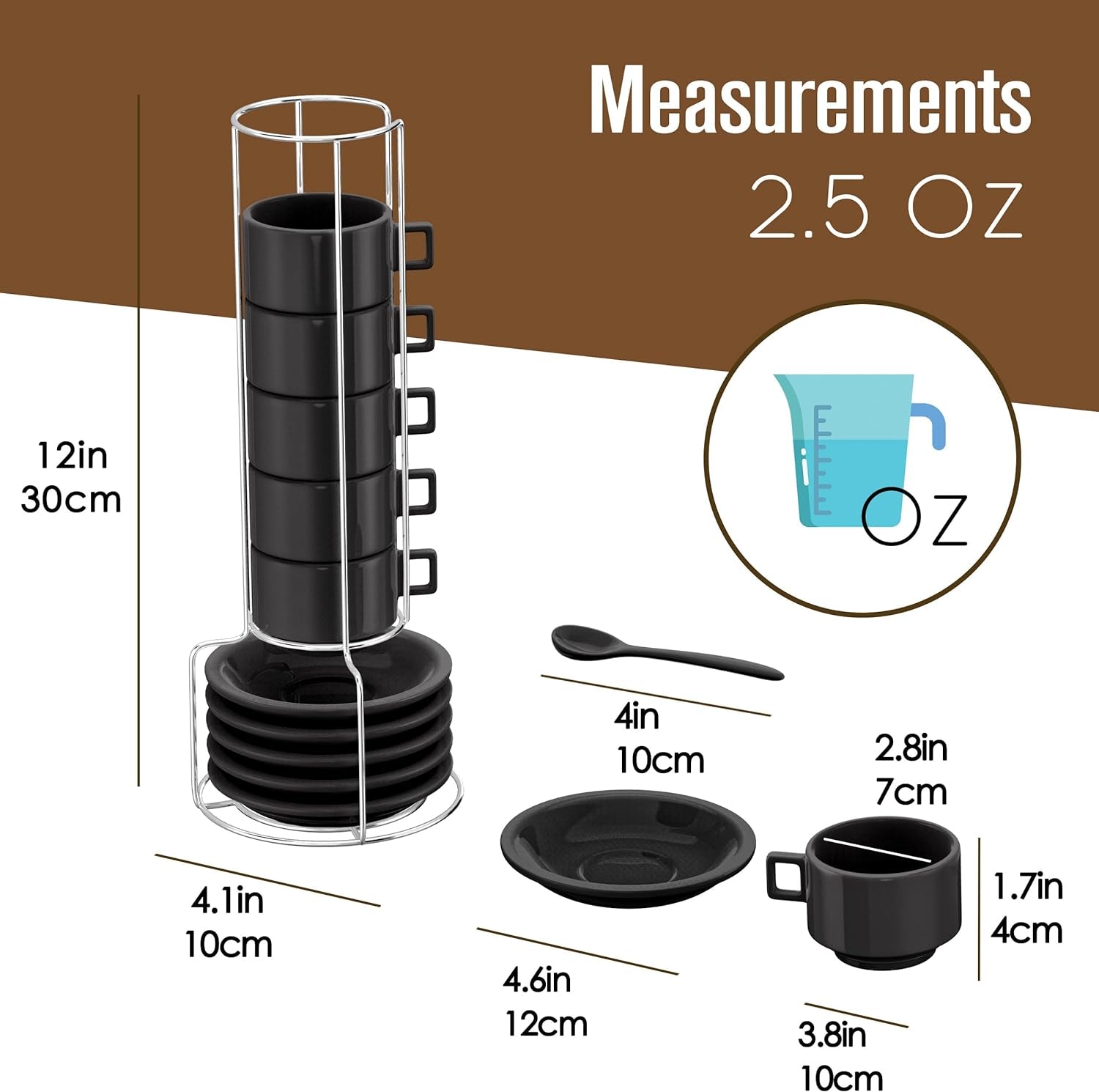 Espresso Cups and Saucers with Spoons, Black, Stackable Demitasse with Metal Stand, 19 Pieces, 2.5 Ounce, Porcelain, Tea Kit, Teacups, Turkish Coffee Mug, Organizer Rack