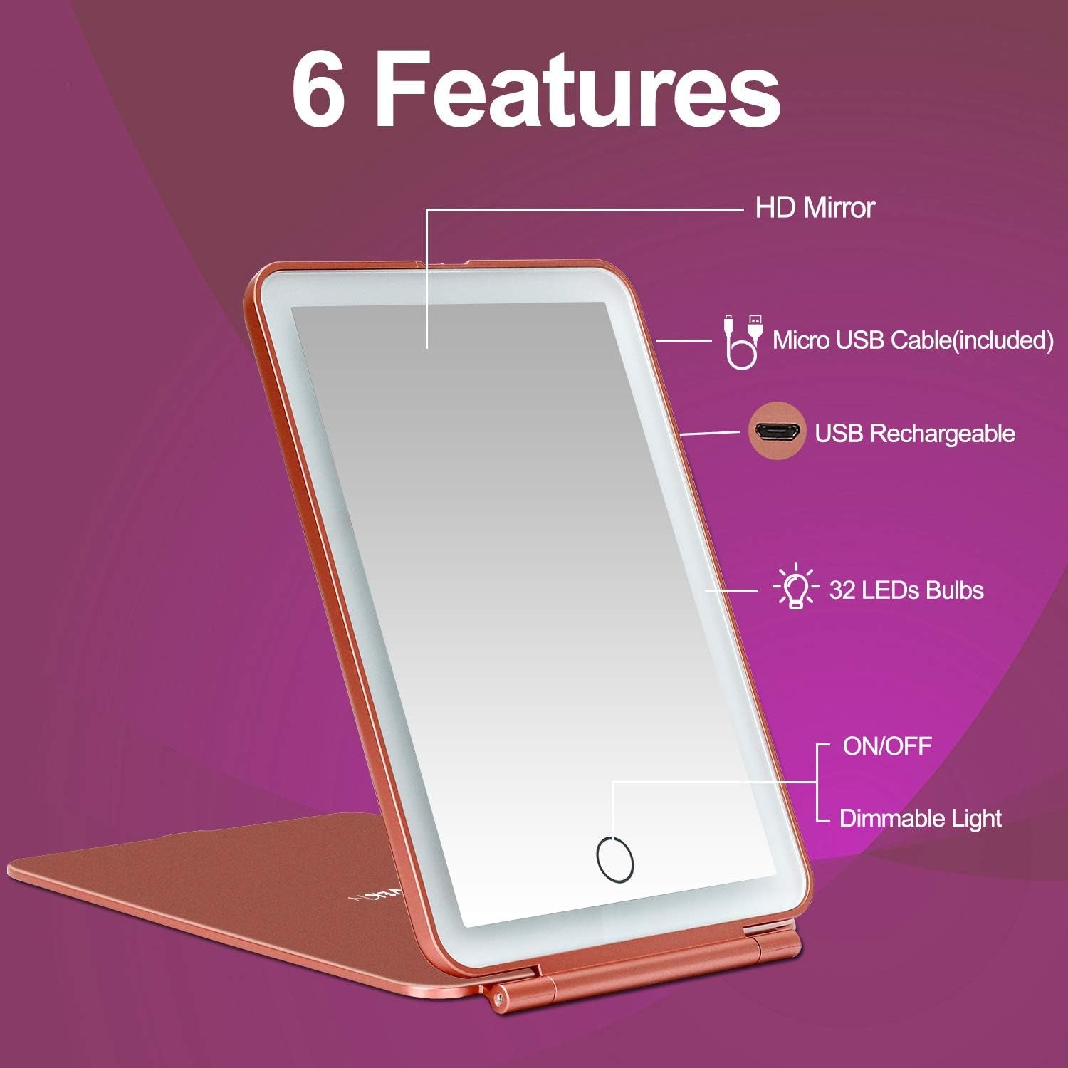 LED Makeup Mirror for Travel, 32 Leds Lighted Vanity Mirrors with Dimmable Light,Compact, Slim, Rechargeable Lighted Mirror, Folding Makeup Mirror for Beauty