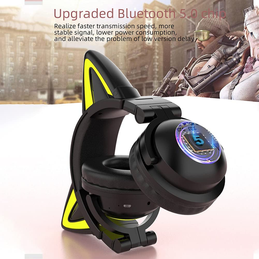 Cat Ear Wireless Headphones with Microphone, with LED Light up over Ear Headphones Adjustable Volume and Foldable Headset for Tablet PC Cell Phones(Black)