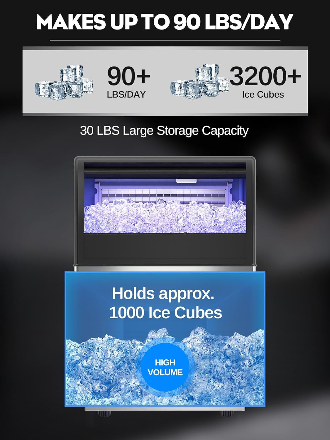 Upgraded Commercial Ice Maker Machine,90Lbs Stainless Steel under Counter Ice Machine with 30Lbs Ice Storage Capacity,Freestanding Ice Maker,Ideal for Restaurant,Bar,Restaurant,Home and RV