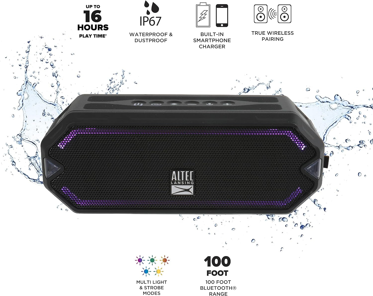 - Hydrajolt Wireless Bluetooth Speaker, Waterproof Portable Speakers with Built in Phone Charger and Lights, Everything Proof Outdoor, Shockproof, Snowproof, 16 Hours Playtime