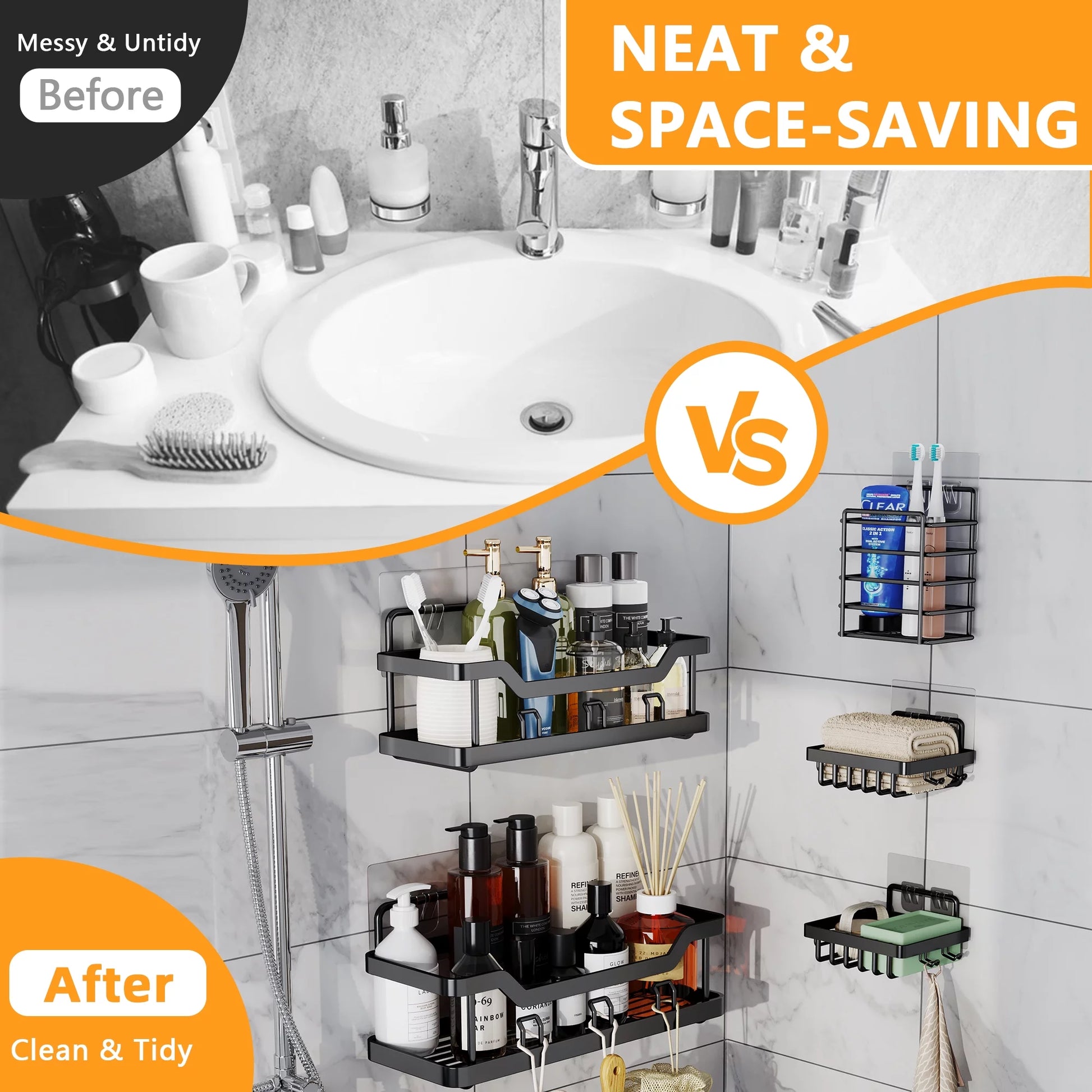 Shower Caddy Bathroom Organizer, 5 PCS Self-Adhesive Bathroom Shower Caddy Basket with Soap & Toothbrush Holder, No Drilling Wall Mounted Rustproof Stainless Steel Shower Shelf Black
