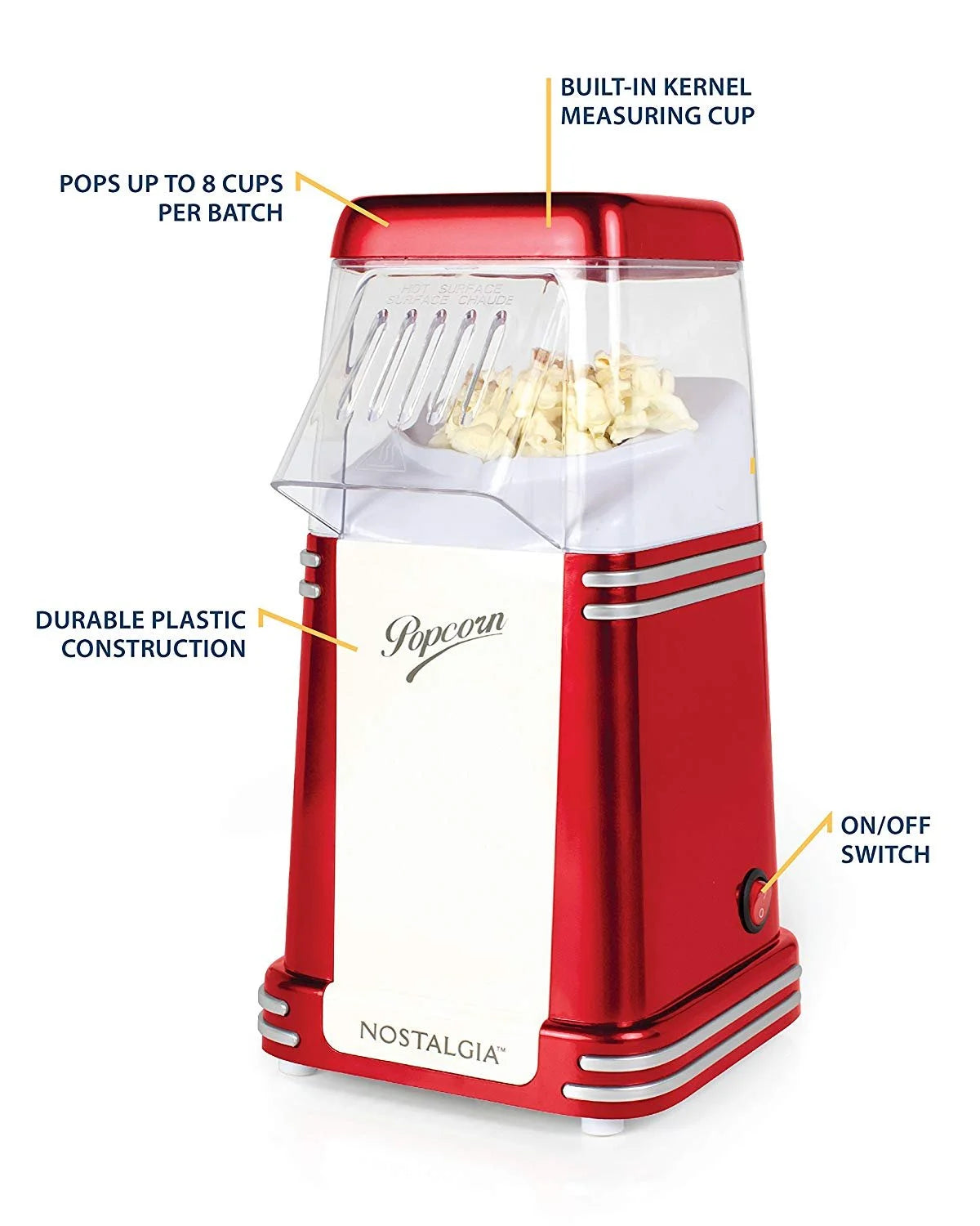 8 Cup Retro Hot-Air Tabletop Popcorn Maker, Red, RHP310