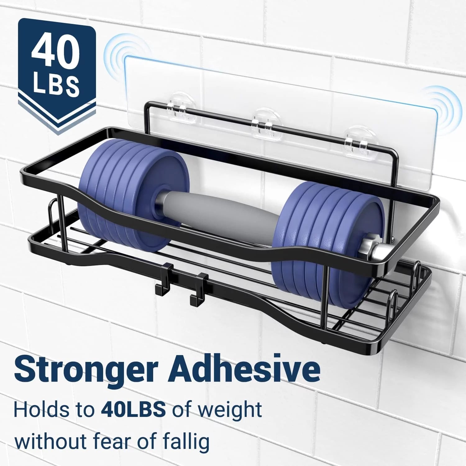 Bathroom Shower Caddy , 2 Pack Stainless Steel Adhesive Shelves with Hooks, Toothpaste & Soap Holder, No Drilling Rustproof Bathroom Shower Organizer for Shower Storage Black