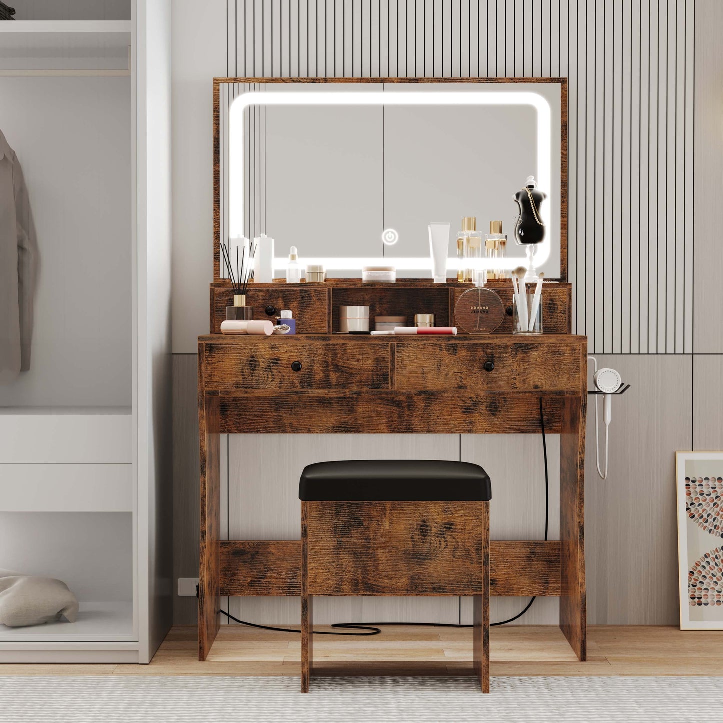 Vanity Desk, Bedroom Makeup Table with 4 Drawers,Storage Stool, Vintage Brown