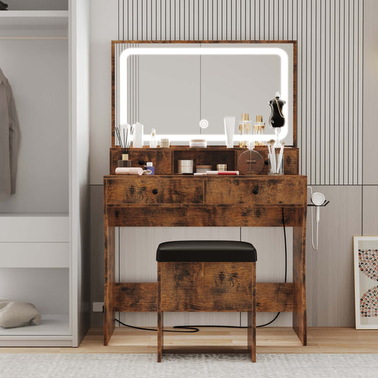 Vanity Desk, Bedroom Makeup Table with 4 Drawers,Storage Stool, Vintage Brown