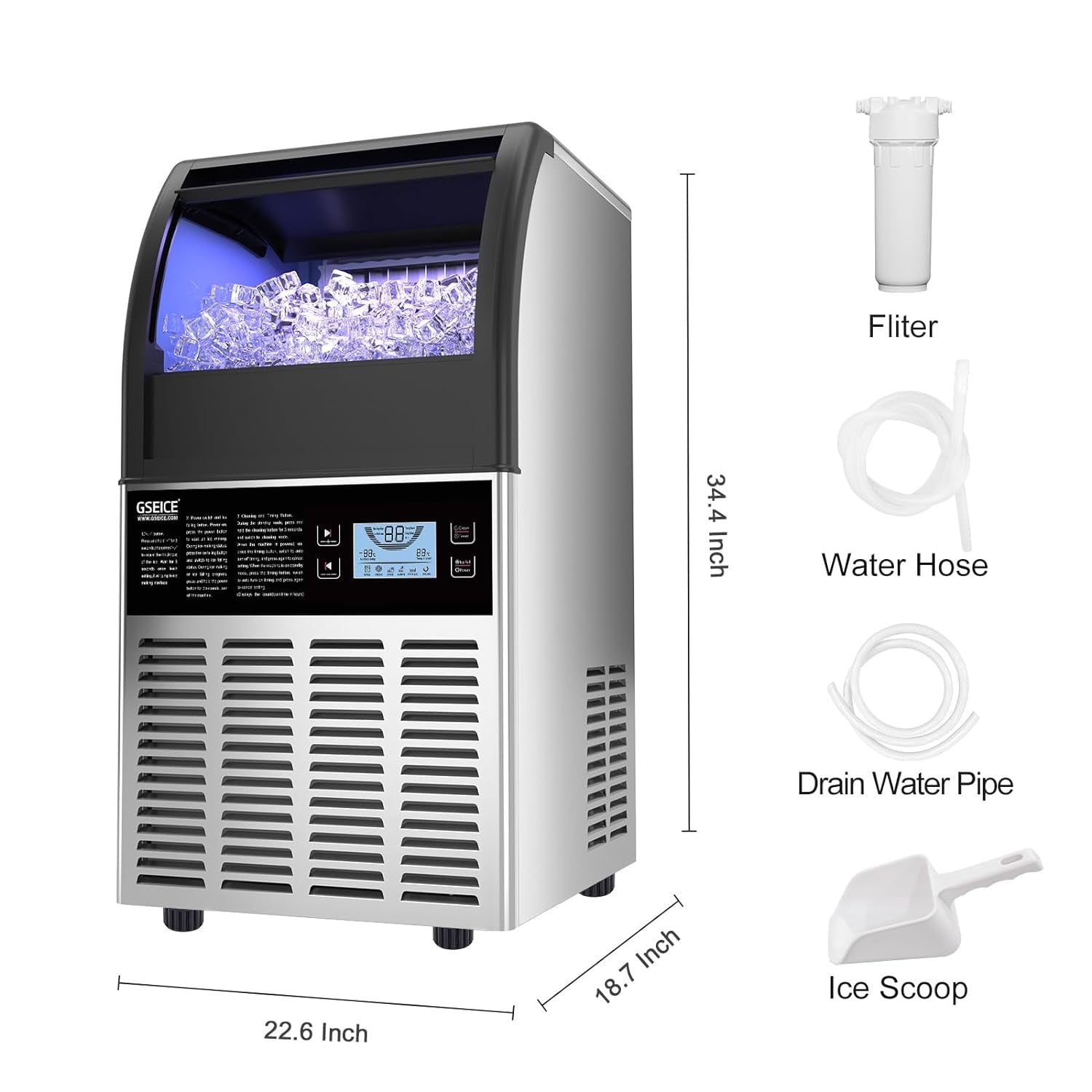 Upgraded Commercial Ice Maker Machine,90Lbs Stainless Steel under Counter Ice Machine with 30Lbs Ice Storage Capacity,Freestanding Ice Maker,Ideal for Restaurant,Bar,Restaurant,Home and RV