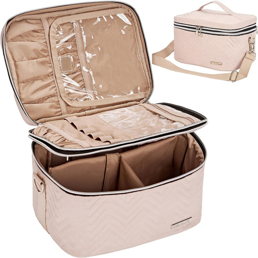 Double Layer Makeup Bag for Travel, Portable Cosmetic Organizer for Brushes Sets, Large Toiletry Holder with Straps, Pink