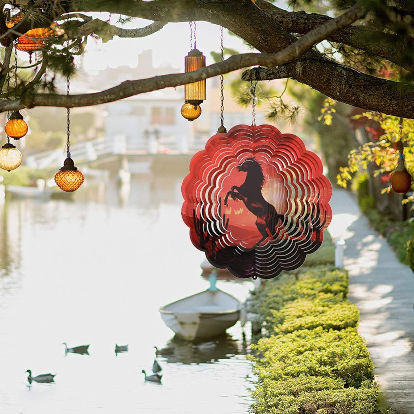 Wind Spinners Outdoor Metal Large,3D Horse Cactus Wind Spinner Hanging Decor,Kinetic Spinners for Yard Garden,12Inch Shiny Wind Spinner Art Ornament,Stainless Steel Red Wind Sculptures & Spinners