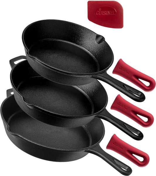 "Ultimate Cast Iron Skillets Set - Pre-Seasoned 12", 10", & 8" Frying Pans with Silicone Grip Covers - Versatile Cookware for Indoor/Outdoor Cooking, BBQ, Oven, and More!"