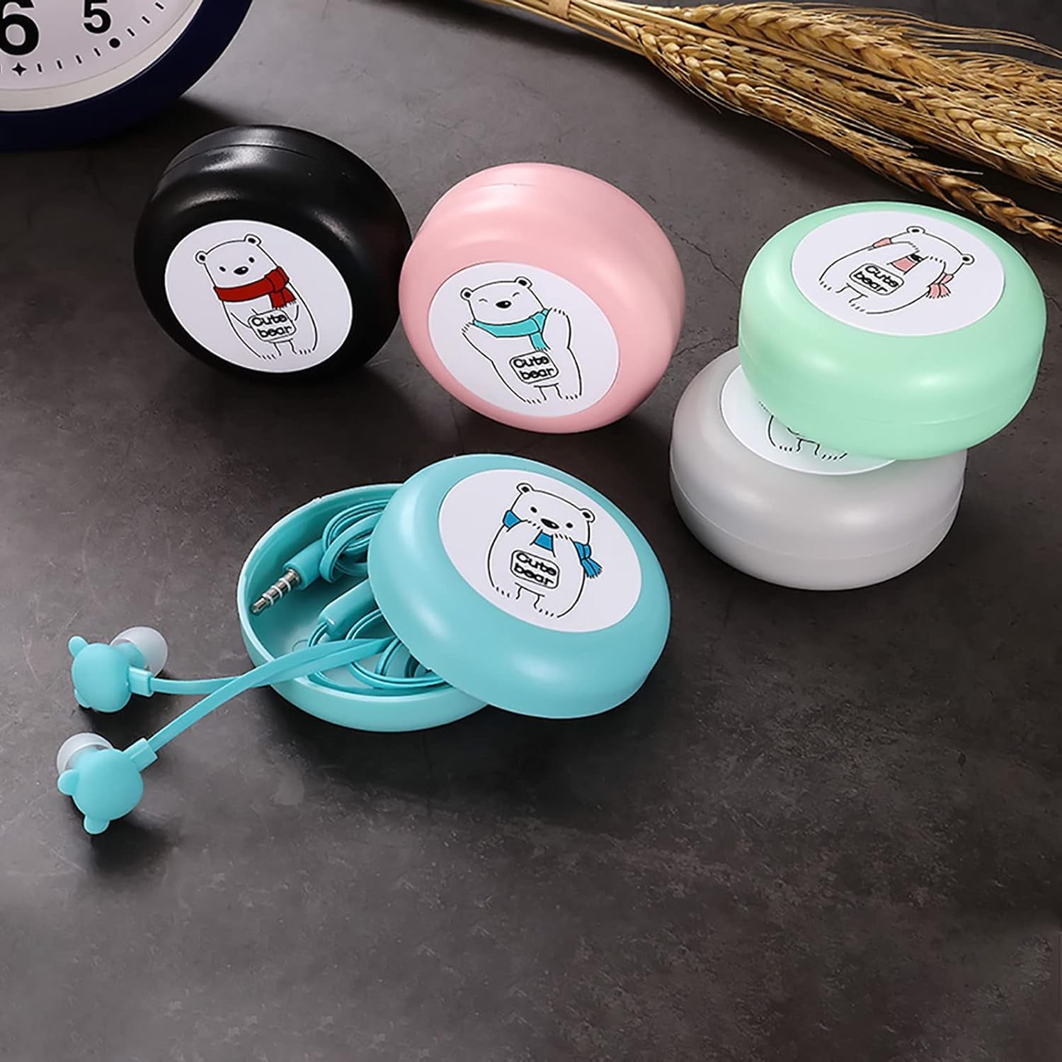 Bear Earbuds for Kids, Kawakii Wired Earbud & In-Ear Headphones Gift for School Girls and Boys with Microphone and Lovely Earphones Storage Case(Green MC)