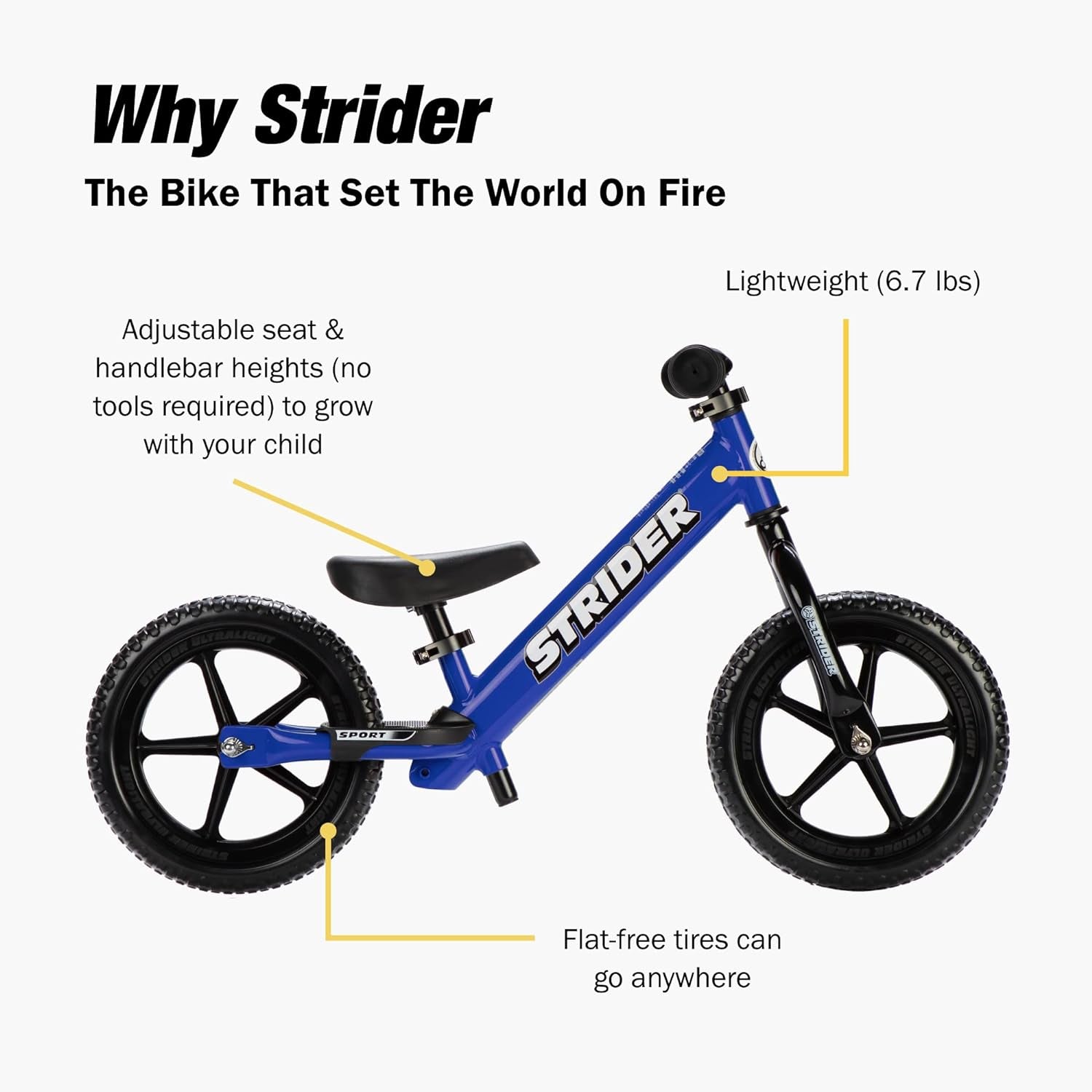 12” Sport Bike - No Pedal Balance Bicycle for Kids 1 to 4 Years - Includes Safety Pad, Padded Seat, Mini Grips & Flat-Free Tires - Tool-Free Assembly & Adjustments