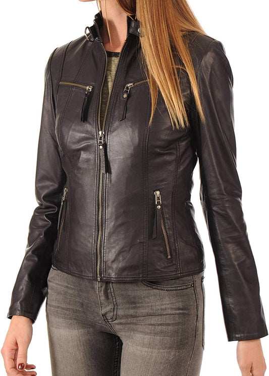 Womens Leather Jacket Zippers Real Lambskin Leather Jacket for Womens