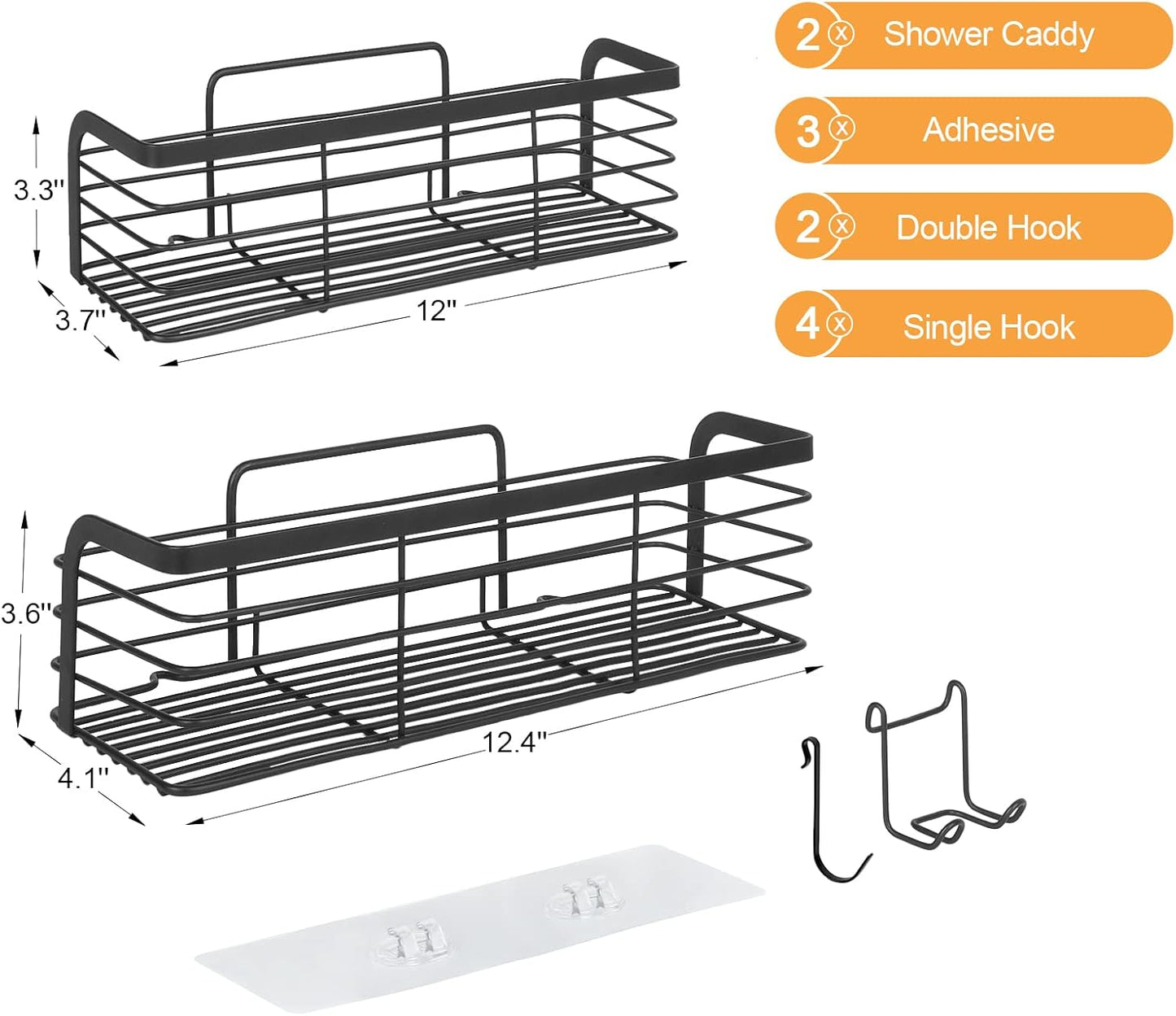 Shower Caddy, Adhesive Shower Shelves with 6 Hooks, Bathroom Shower Organizer Racks No Drilling, Rustproof Stainless Steel Shower Storage Shelf for inside Shower, 2 Pack, Matte Black
