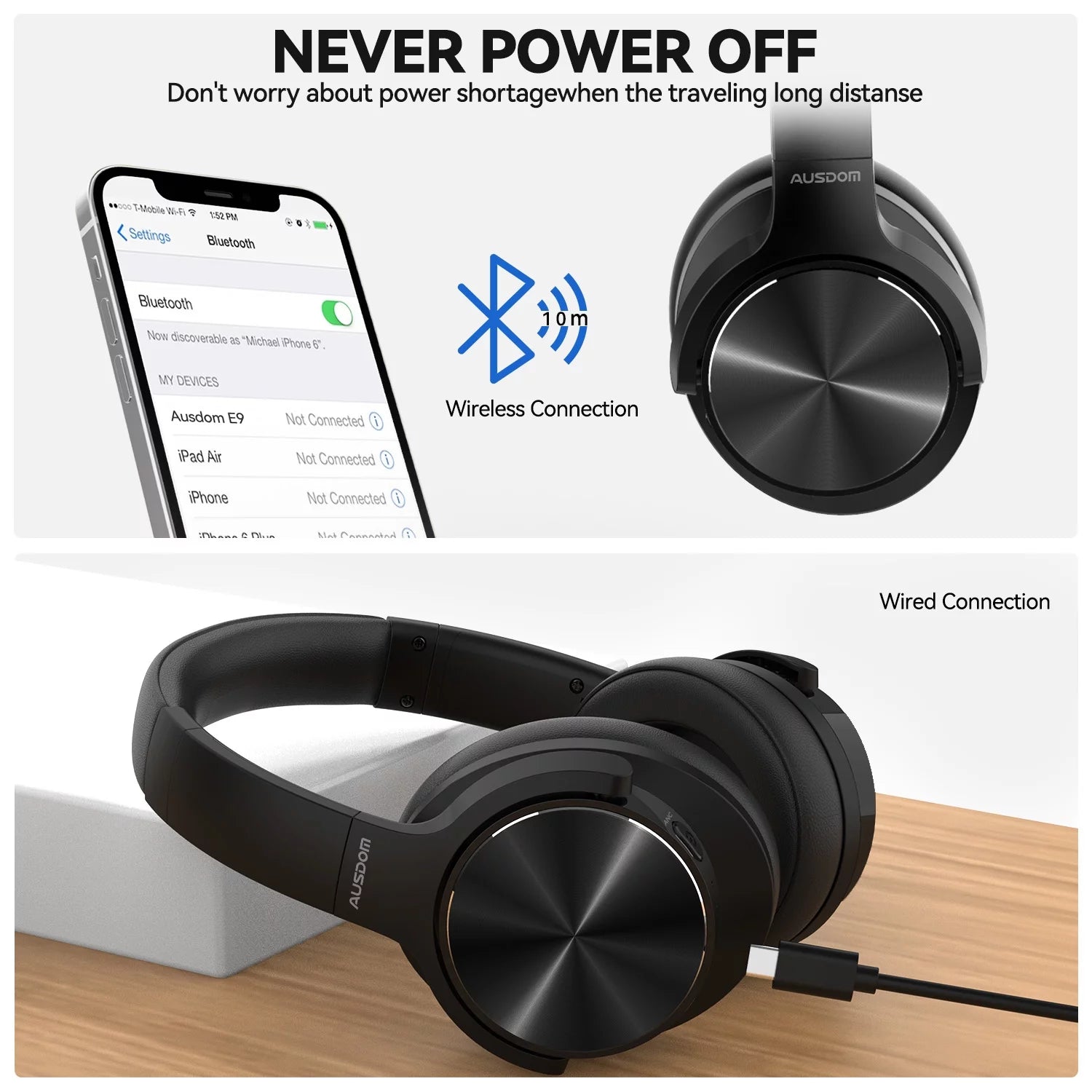 E9 Noise Cancelling Headphones,Wireless Bluetooth over Ear Headphones with Microphone - Black