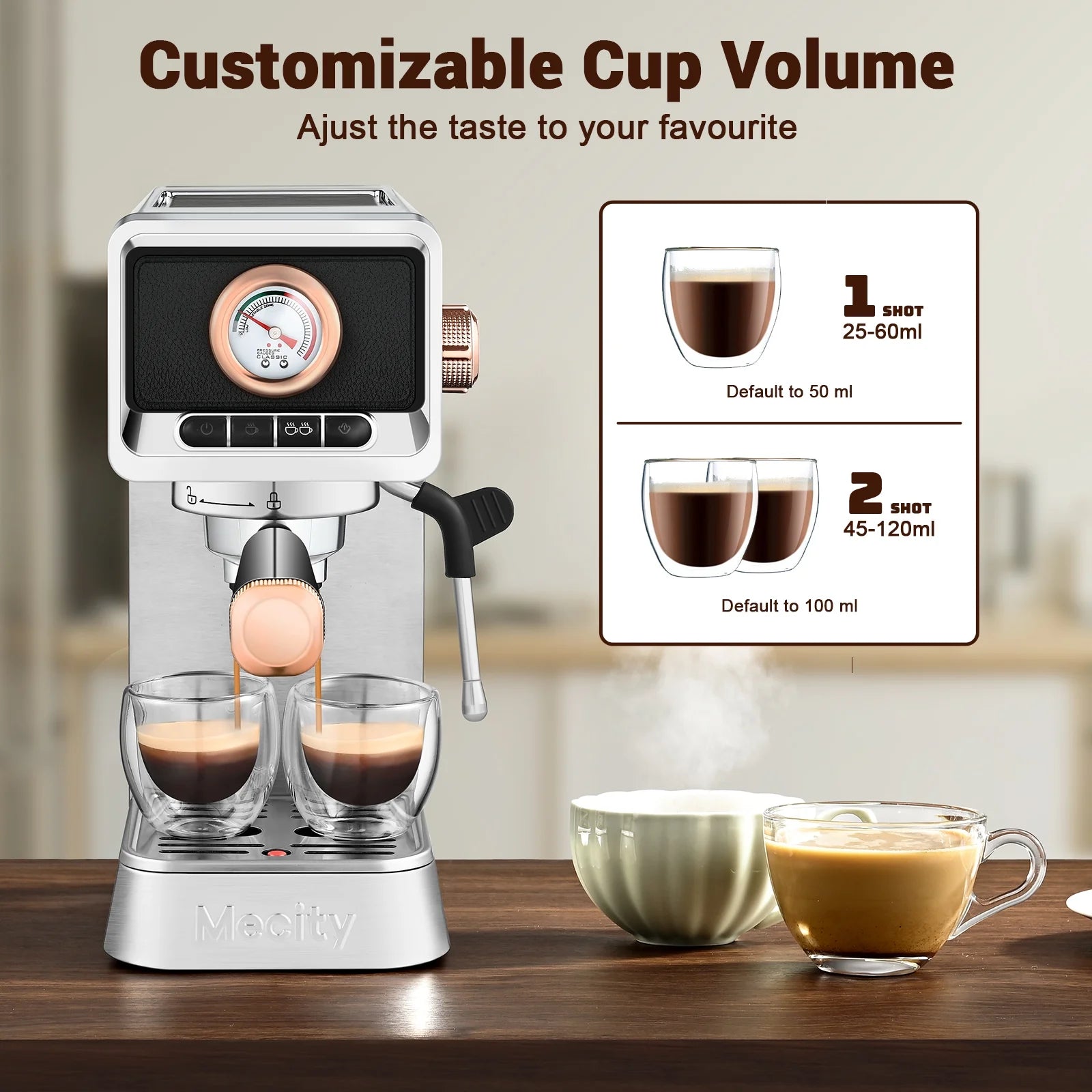 20 Bar Espresso Machine with Milk Frother, Brushed Stainless Steel Shell, 37 Fl.Oz Water Reservoir, Coffee Maker for Espresso, Latte, Mocha, Americano. 1400W, Silver