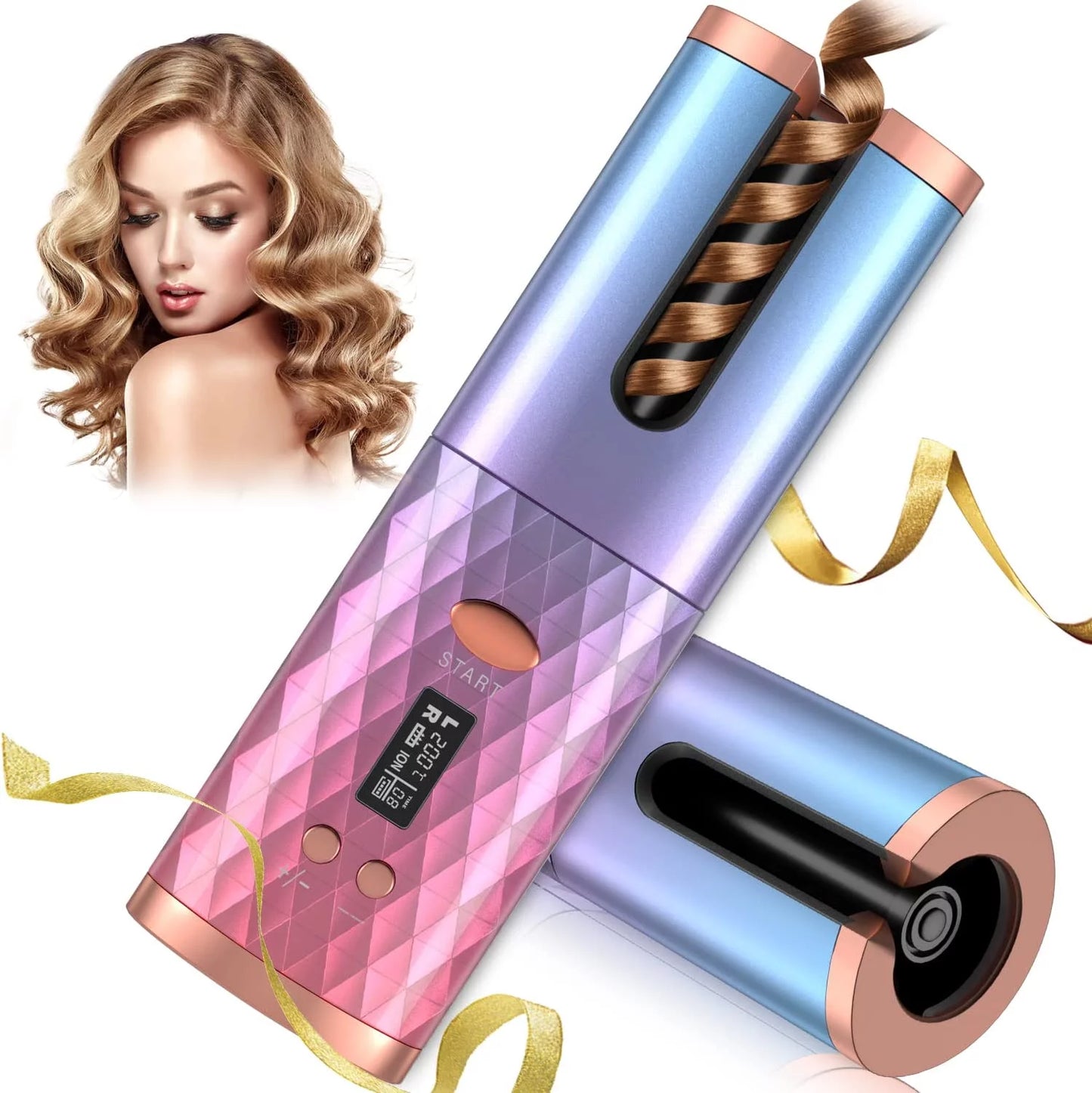 Revolutionary Cordless Automatic Curling Iron - Wireless Rotating Hair Curler with 6 Temperature Settings & Timer Display - Fast Heating & Auto Shutoff (Stylish Pink)