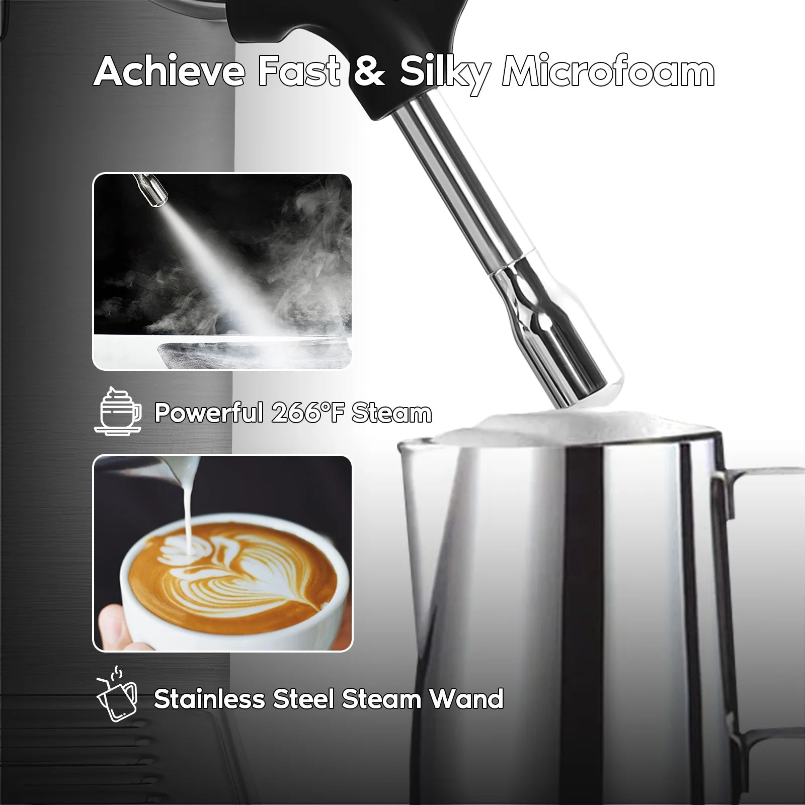 20 Bar Espresso Machine with Milk Frother Steam Wand, Professional Latte Coffee Machine, Stainless Steel, Silver