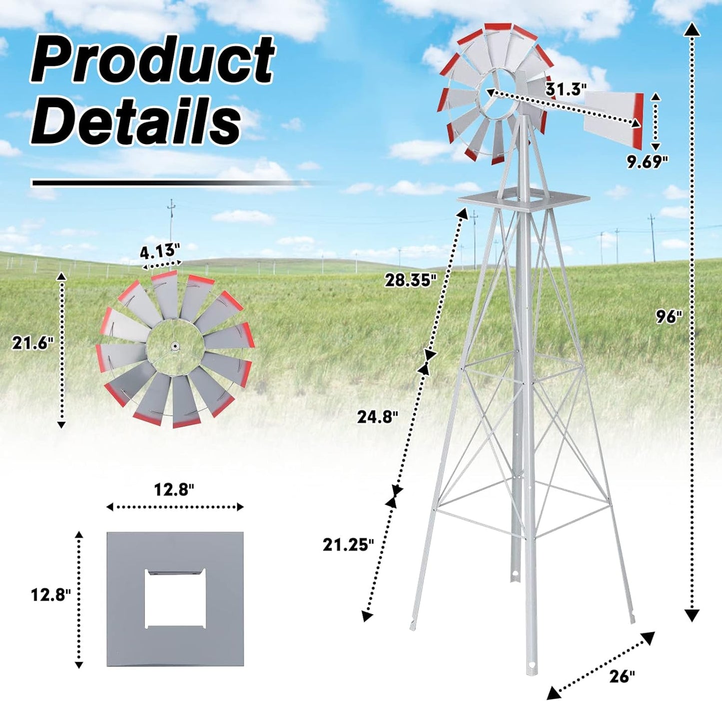 8FT Ornamental Windmill Backyard Garden Decoration Weather Vane, Heavy Duty Metal Wind Mill Weather Resistant 4 Legs Design (Grey)
