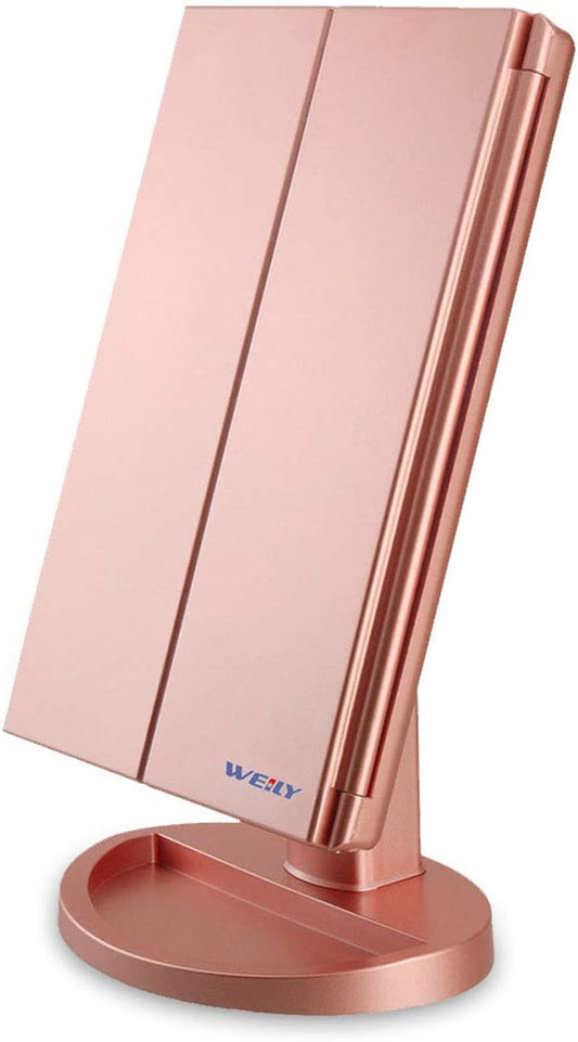 Lighted Vanity Makeup Mirror 1X/2X/3X Magnification Trifold with 21 LED Lights Touch Screen and USB Charging, 180 Degree Adjustable Stand for Countertop Cosmetic Makeup Mirror(Rose Gold)