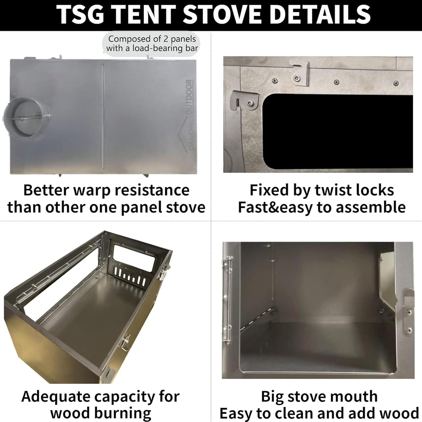 TSG Folding 100% Titanium Hot Tent Stove TA1 with Side Glass, 7.2Ft Chimney, 6.63Lb