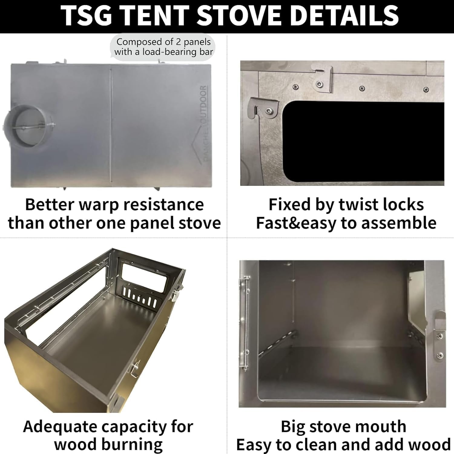 TSG Folding 100% Titanium Hot Tent Stove TA1 with Side Glass, 7.2Ft Chimney, 6.63Lb