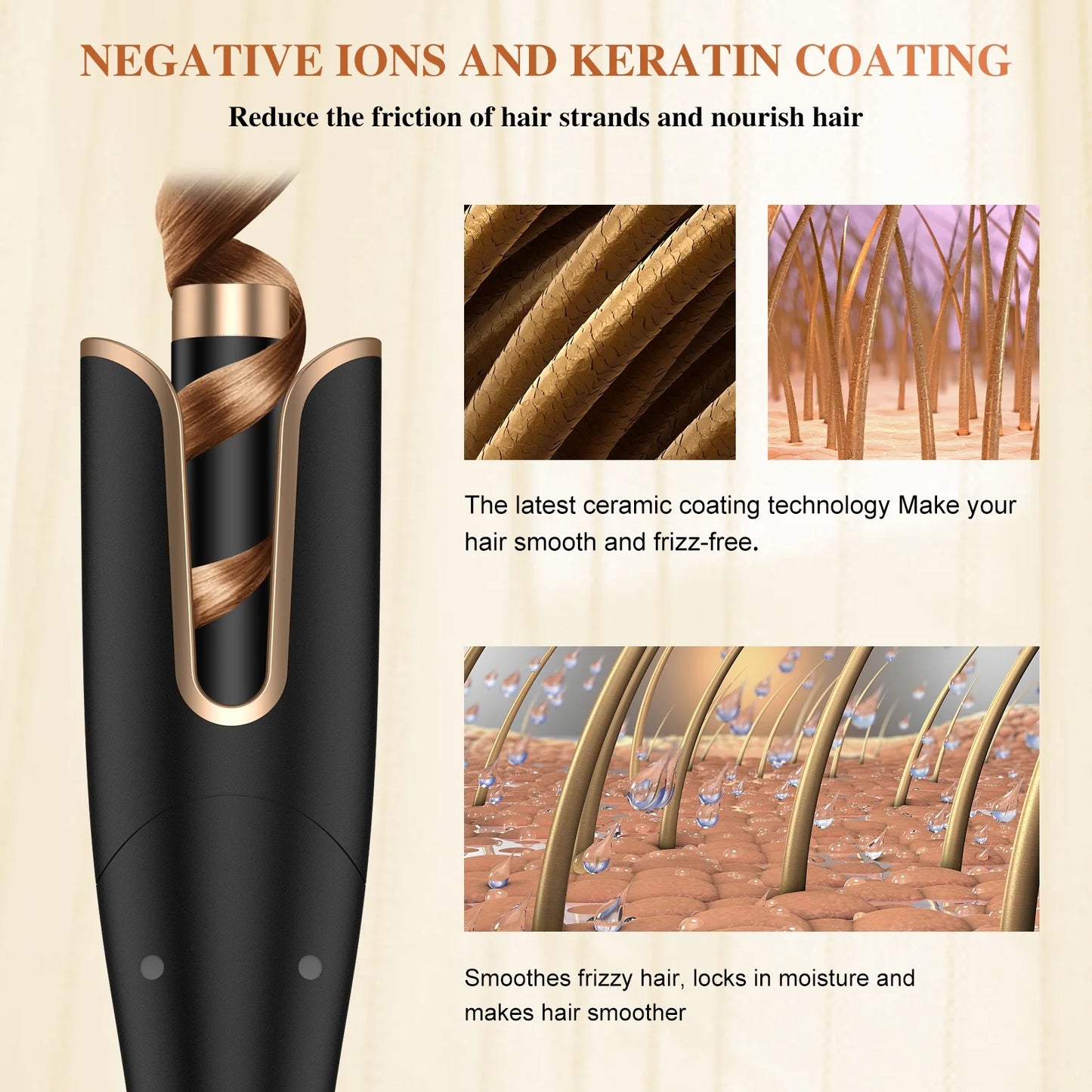 Curling Iron, Professional Automatic Hair Curler with 1" Large Rotating Barrel, Gold