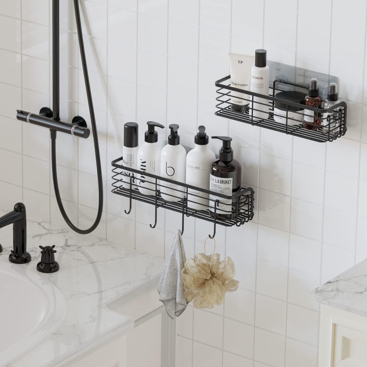 Shower Caddy, Adhesive Shower Shelves with 6 Hooks, Bathroom Shower Organizer Racks No Drilling, Rustproof Stainless Steel Shower Storage Shelf for inside Shower, 2 Pack, Matte Black