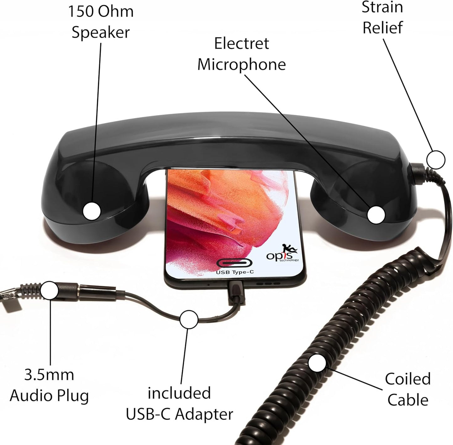 Cell Phone Handset/Retro Phone Handset/Handset for Mobile/Old School Cell Phone/Old Telephone Headset/Cell Phone Receiver/Handheld Receiver Cell Phone – 60S Micro by Opis, Germany (Black)