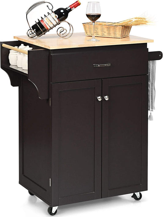 Rolling Kitchen Island, Kitchen Trolley Cart with Spice Rack, Large Drawer, Towel Rack, Storage Pantry Cabinet with Adjustable Shelf, Kitchen Cart on Wheels, Dining Room Furniture (Espresso)