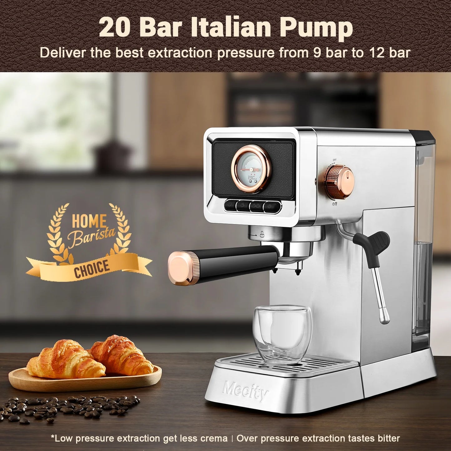 20 Bar Espresso Machine with Milk Frother, Brushed Stainless Steel Shell, 37 Fl.Oz Water Reservoir, Coffee Maker for Espresso, Latte, Mocha, Americano. 1400W, Silver
