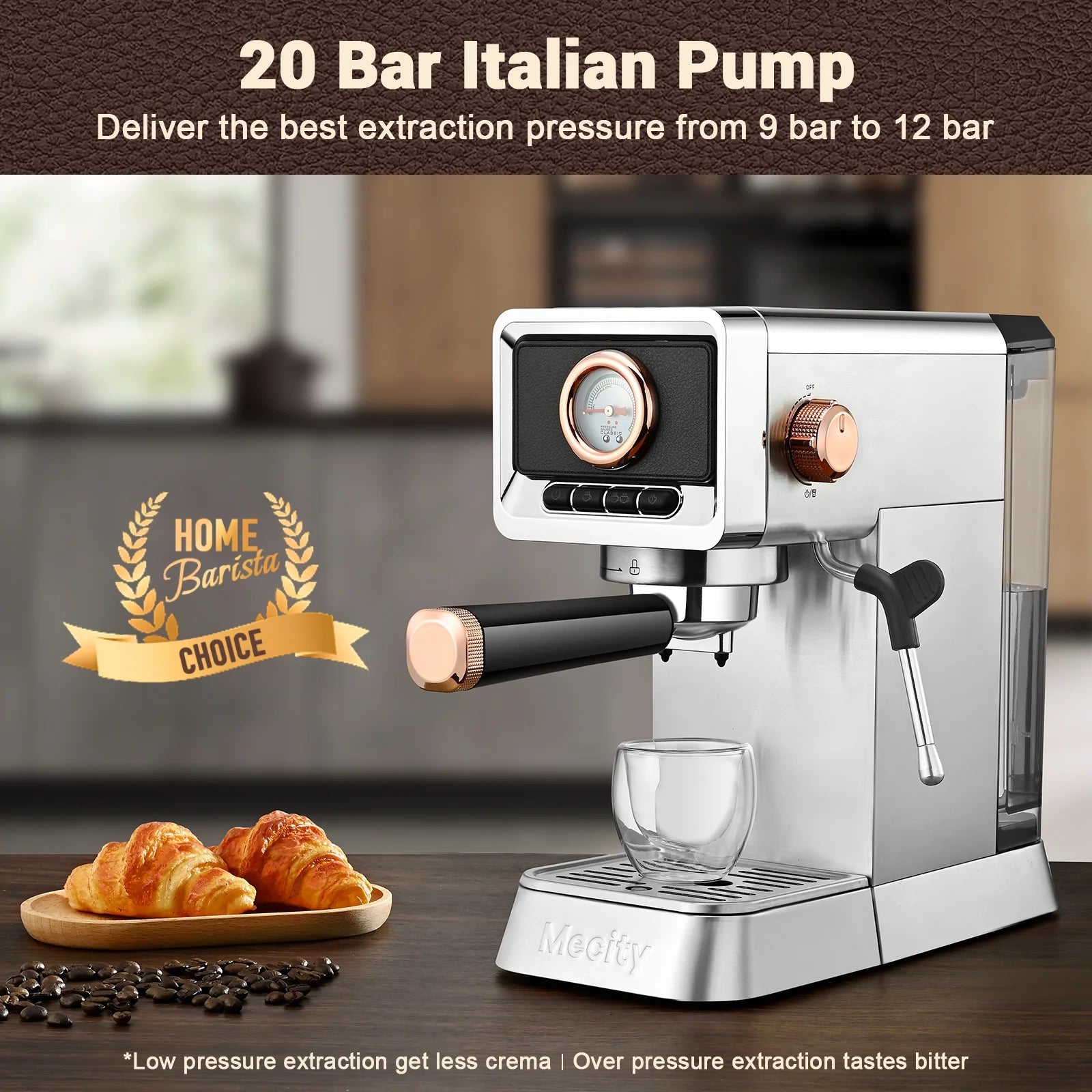 20 Bar Espresso Machine with Milk Frother, Brushed Stainless Steel Shell, 37 Fl.Oz Water Reservoir, Coffee Maker for Espresso, Latte, Mocha, Americano. 1400W, Silver