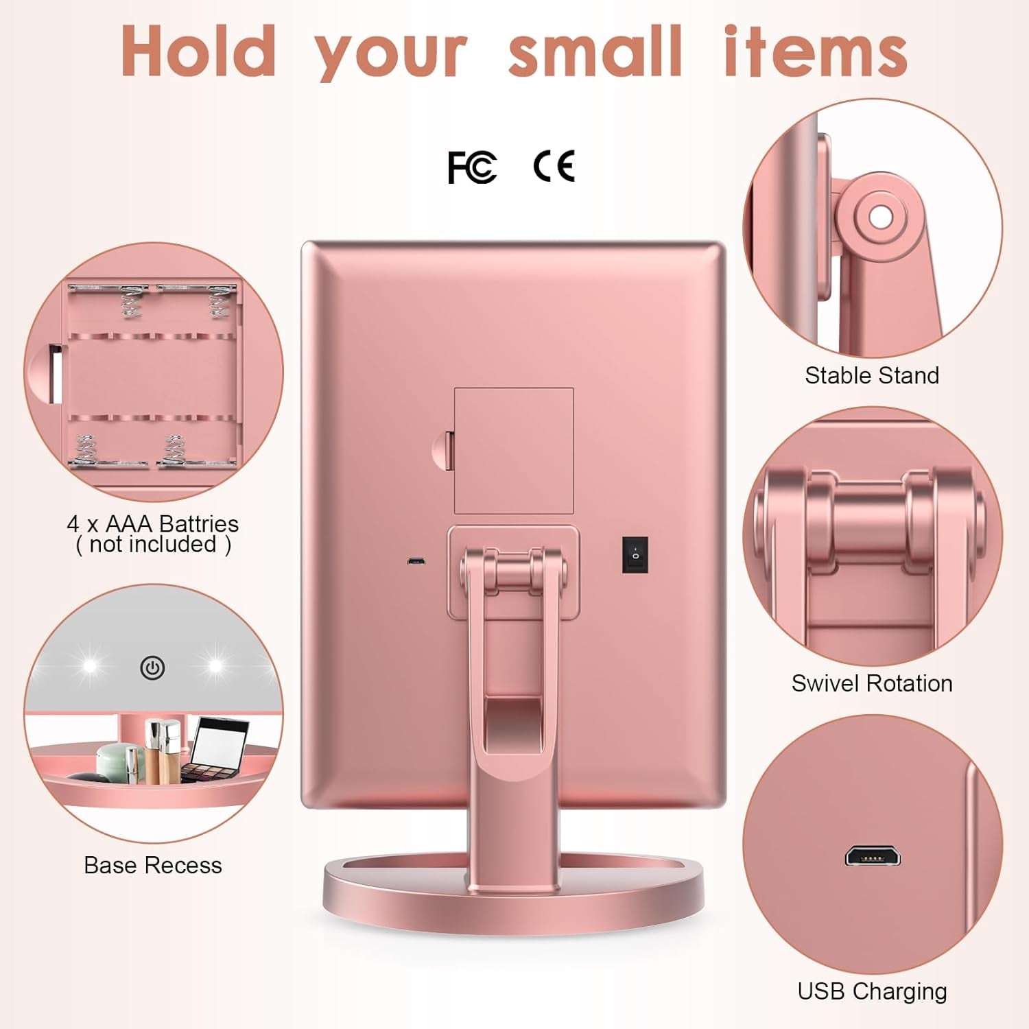 Lighted Vanity Makeup Mirror 1X/2X/3X Magnification Trifold with 21 LED Lights Touch Screen and USB Charging, 180 Degree Adjustable Stand for Countertop Cosmetic Makeup Mirror(Rose Gold)