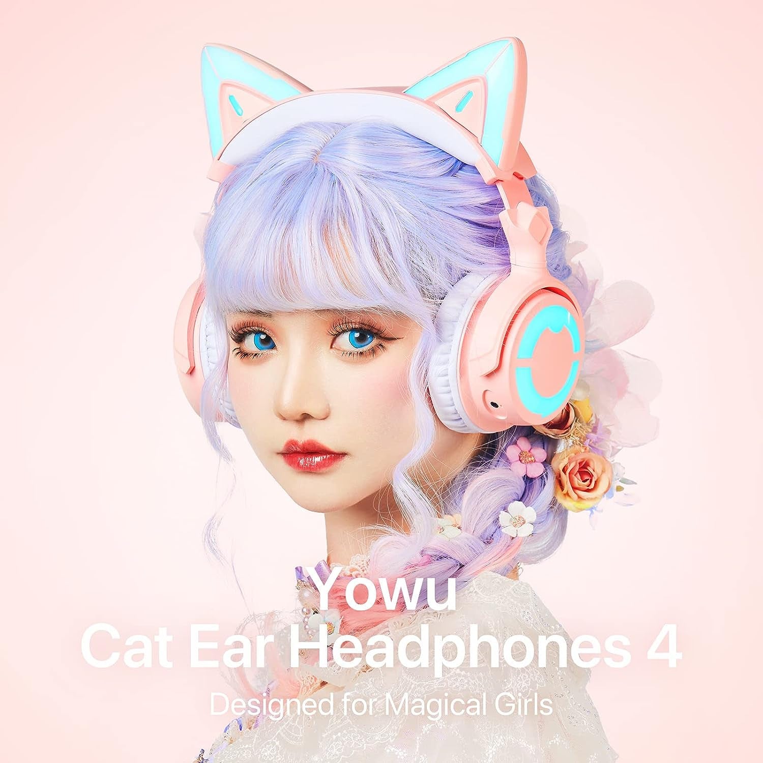 RGB Cat Ear Headphone 4, Upgraded Wireless & Wired Gaming Headset with Attachable HD Microphone -Active Noise Reduction, Dual-Channel Stereo & Customizable Lighting and Effect via APP (Pink)