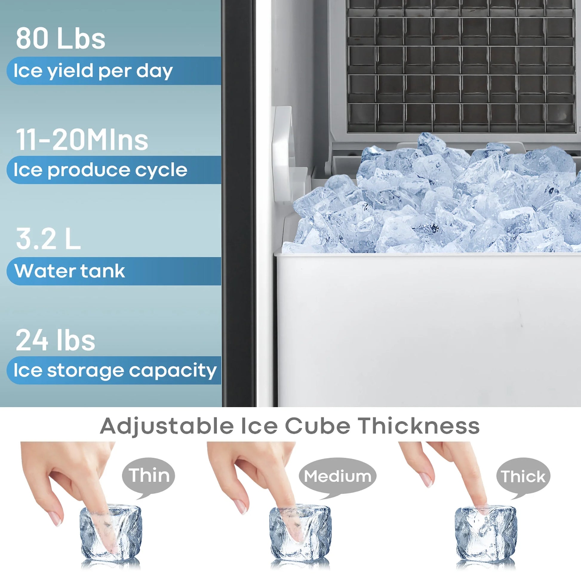 Built-In Ice Maker Free-Standing/Under Counter Machine 80Lbs/Day W/ Light